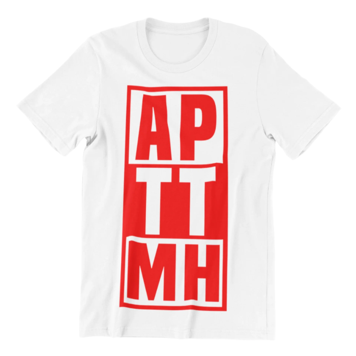White t-shirt with red and white text design on a white background