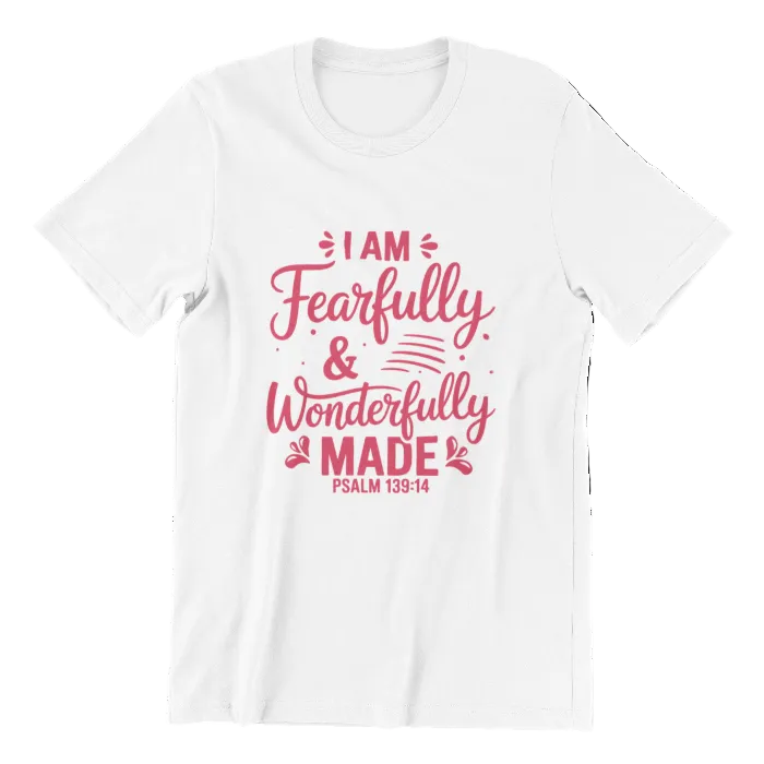 White t-shirt with red text 'I am Fearfully & Wonderfully Made Psalm 139:14' on a white background