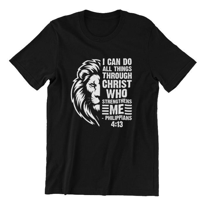 Black t-shirt with white lion graphic and Bible verse text on a white background