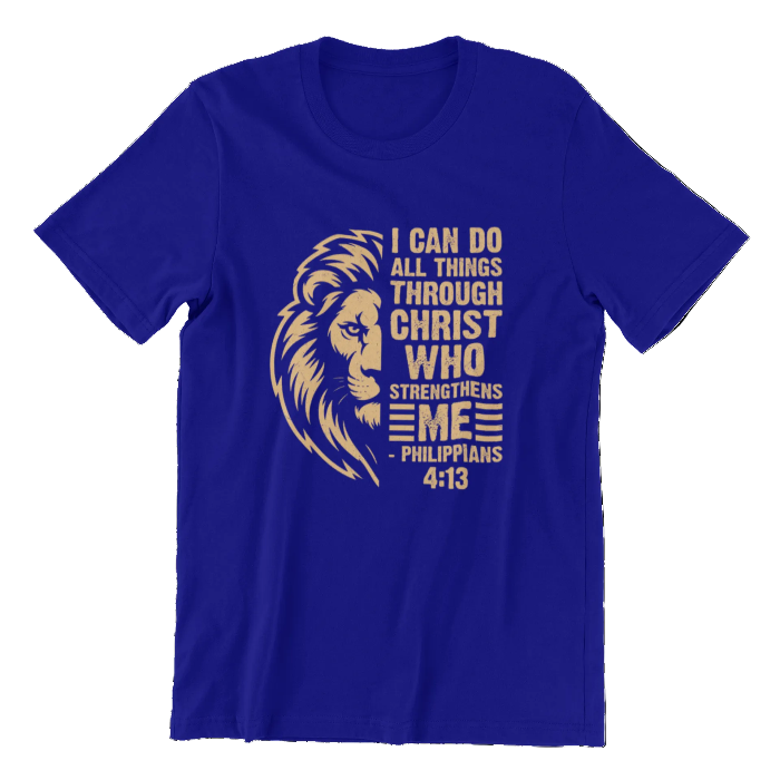 Blue t-shirt with yellow lion graphic and Bible verse on a white background