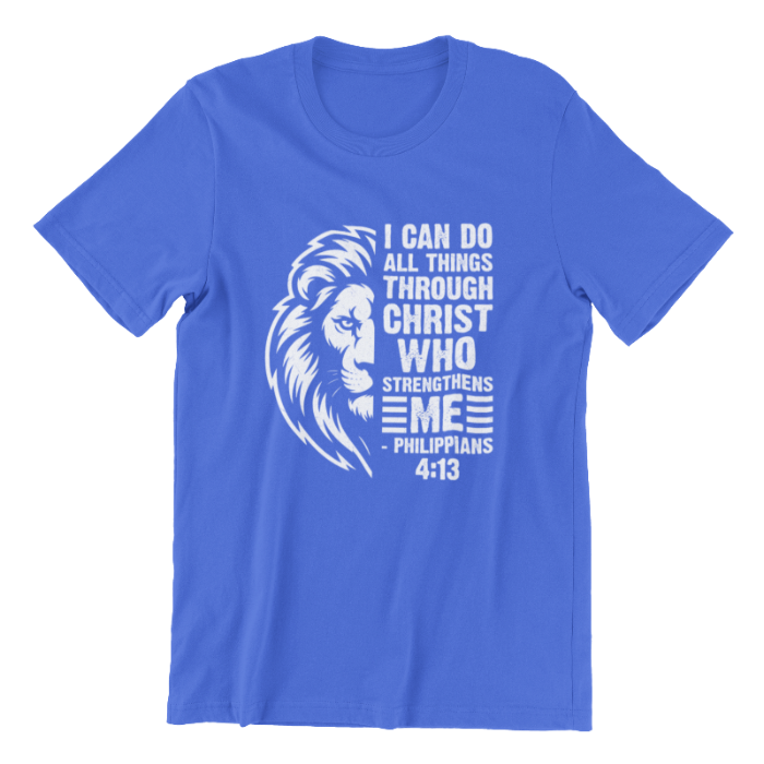 Blue t-shirt with white lion graphic and Bible verse text on a white background