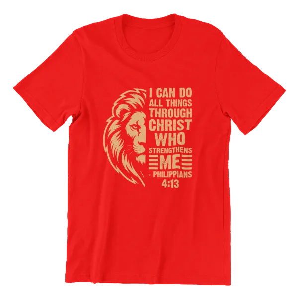Red t-shirt with lion graphic and Philippians 4:13 text on a white background