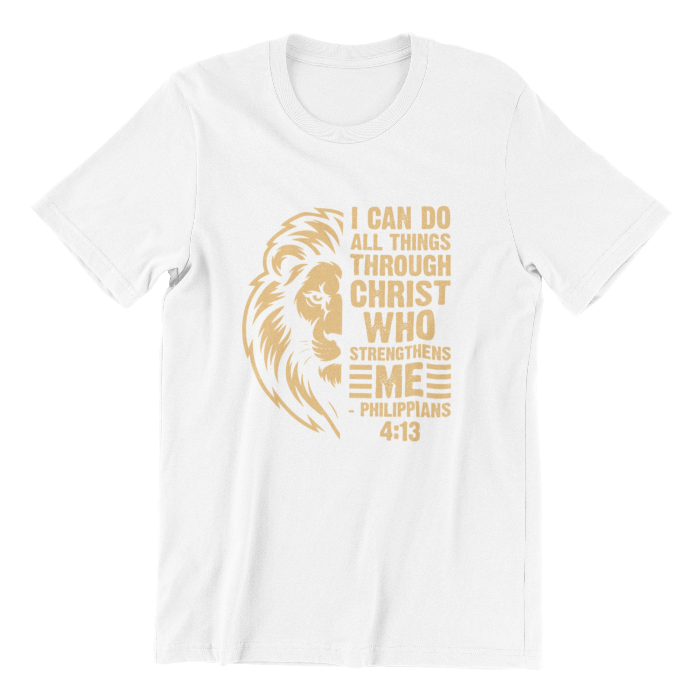 White t-shirt with gold lion graphic and Bible verse on a white background