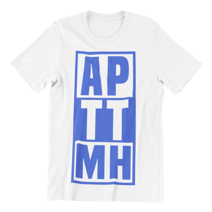 White t-shirt with blue text design on a white background